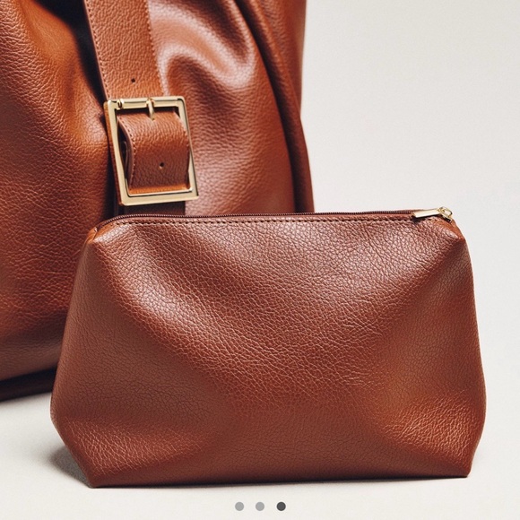 NWT new Anthropologie slouchy buckle tote bag faux leather tan brown + pouch - Picture 14 of 17